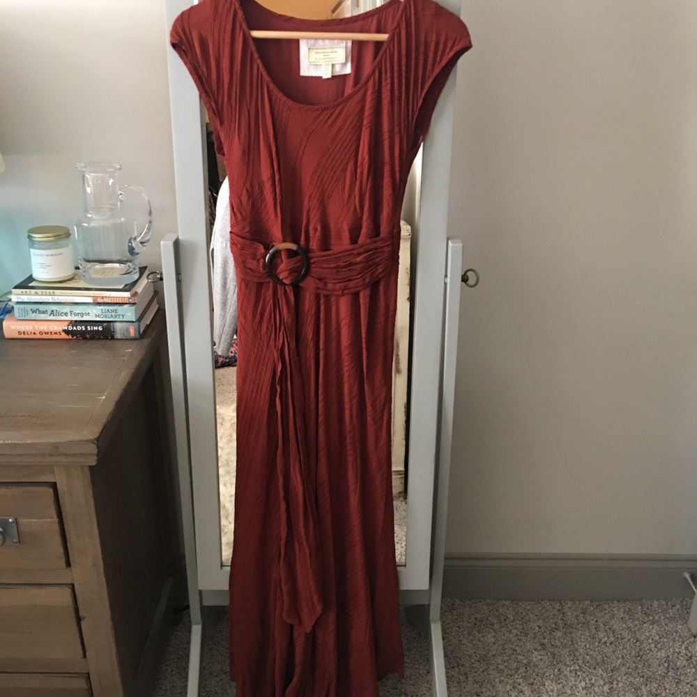 Anthropologie Burnt Orange Pleated Maxi Dress with Buckle Belt